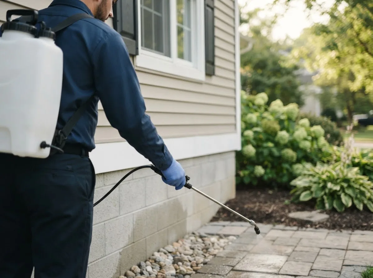 Pest control technician inspecting a home in Stratton, NE